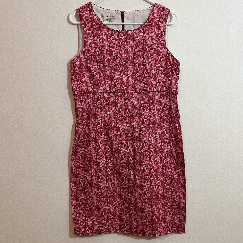 Laura Ashley 10 Floral Dress Sleeveless Cotton Boho Cottagecore Prairie Red Pink
